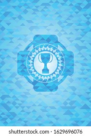 trophy icon inside realistic light blue mosaic emblem