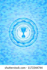 trophy icon inside realistic sky blue mosaic emblem