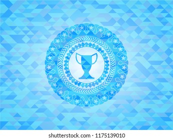 trophy icon inside realistic sky blue emblem. Mosaic background