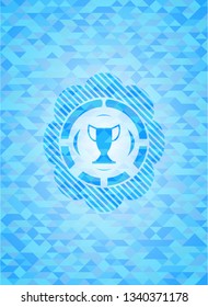trophy icon inside realistic sky blue mosaic emblem