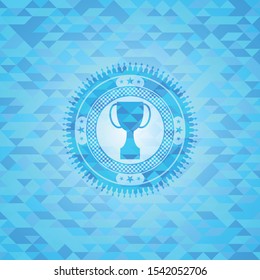 trophy icon inside realistic sky blue mosaic emblem