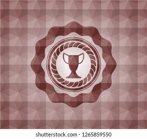 trophy icon inside red emblem or badge with abstract geometric polygonal pattern background. Seamless.