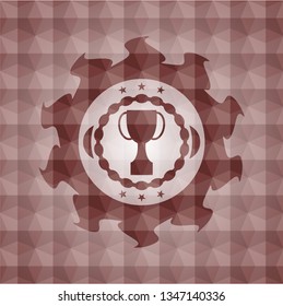 trophy icon inside red emblem or badge with geometric pattern background. Seamless.