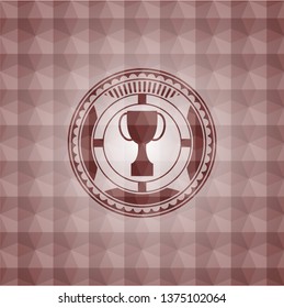 trophy icon inside red emblem with geometric pattern. Seamless.