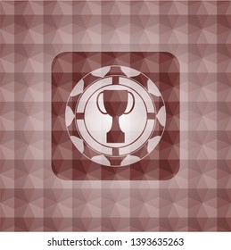 trophy icon inside red emblem with geometric pattern. Seamless.