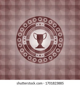 trophy icon inside red emblem with geometric pattern. Seamless.