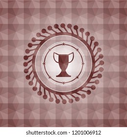 trophy icon inside red geometric pattern emblem. Seamless.