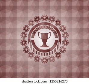 trophy icon inside red geometric pattern emblem. Seamless.