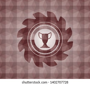 trophy icon inside red polygonal badge. Seamless.