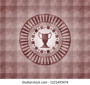 trophy icon inside red seamless geometric emblem.