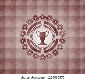 trophy icon inside red seamless emblem with geometric pattern.