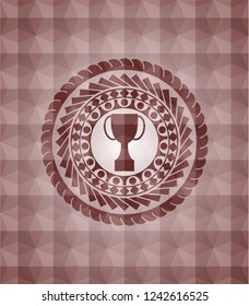 trophy icon inside red seamless badge with geometric pattern background.