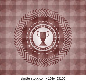 trophy icon inside red seamless emblem or badge with abstract geometric polygonal pattern background.