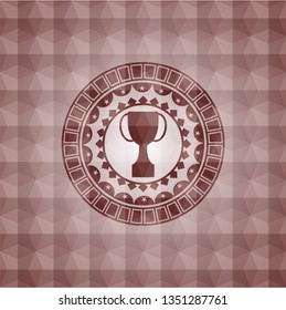 trophy icon inside red seamless badge with geometric pattern background.