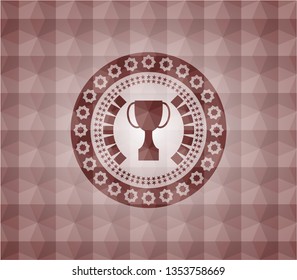 trophy icon inside red seamless emblem with geometric pattern background.