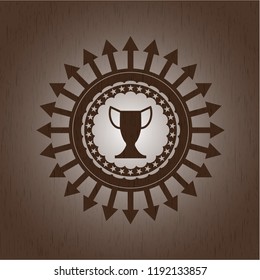 trophy icon inside retro style wooden emblem