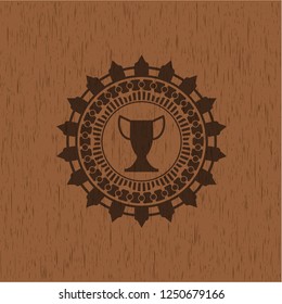 trophy icon inside retro style wooden emblem