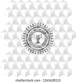 trophy icon inside retro style grey emblem with geometric cube white background