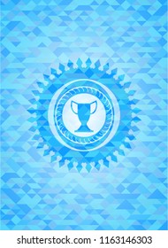 trophy icon inside sky blue emblem with triangle mosaic background