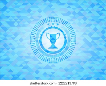 trophy icon inside sky blue emblem with mosaic background