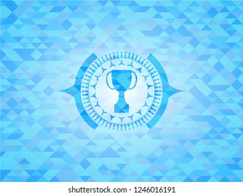 trophy icon inside sky blue emblem with mosaic ecological style background