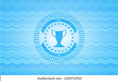trophy icon inside sky blue water badge.