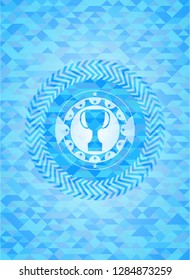 trophy icon inside sky blue emblem. Mosaic background