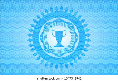 trophy icon inside sky blue water style emblem.