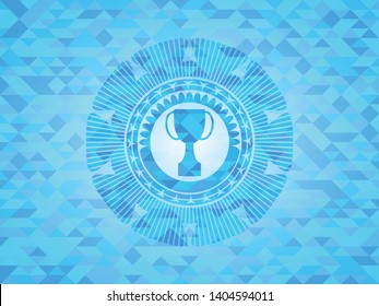 trophy icon inside sky blue emblem with mosaic background