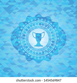 trophy icon inside sky blue emblem with triangle mosaic background