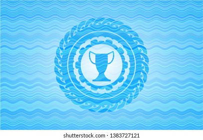 trophy icon inside water wave representation badge background.