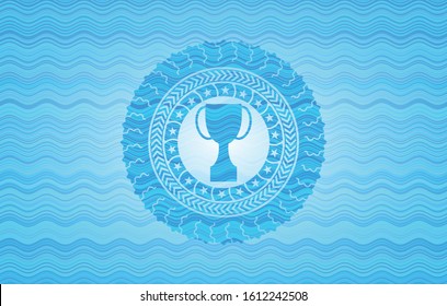 trophy icon inside water wave style badge.