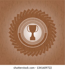 trophy icon inside wooden emblem. Vintage.