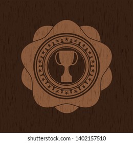 trophy icon inside wooden emblem. Vintage.
