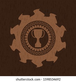 trophy icon inside wooden emblem. Vintage.