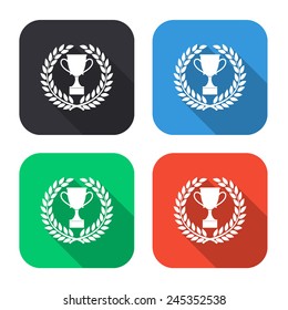 trophy icon in Laurel wreath - colored illustration (gray, blue, green, red) with long shadow