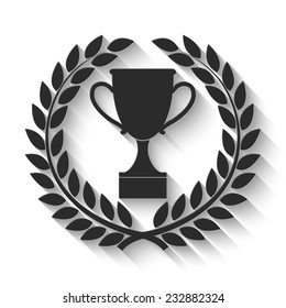 trophy icon in laurel wreath - gray vector illustration with shadow