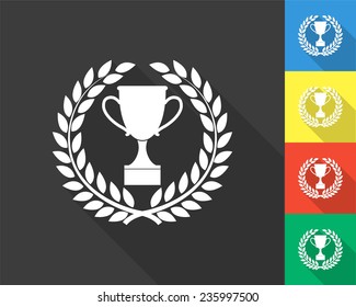 trophy icon in laurel wreath - gray and colored (blue, yellow, red, green) vector illustration with long shadow
