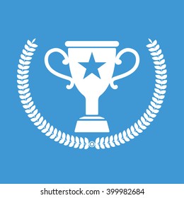 Trophy icon on blue background.