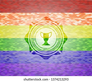 trophy icon on mosaic background with the colors of the LGBT flag