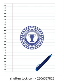 trophy icon pen strokes emblem. Blue ink. Vector Illustration. Detailed. 