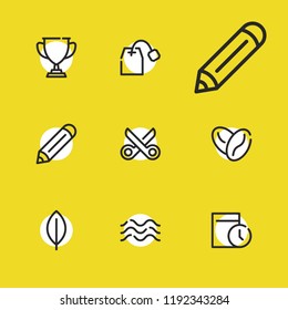 Trophy icon with sea, date and tea packet symbols. Set of shears, water, scissors icons and champion concept. Editable vector elements for logo app UI design.