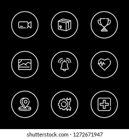 Trophy icon with service, camera and 3d pin symbols. Set of alarm bell, package, ringing icons and champion concept. Editable vector elements for logo app UI design.