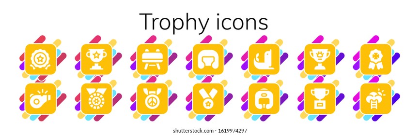 trophy icon set. 14 filled trophy icons.  Simple modern icons such as: Medal, Referee, Trophy, Buck, Boxing helmet, Seal, Award, Badge, Success