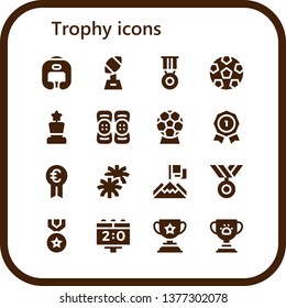 trophy icon set. 16 filled trophy icons.  Simple modern icons about  - Boxing helmet, Trophy, Medal, Soccer, Award, Kneepad, Insignia, Prize, Pom pom, Achievement, Scoreboard