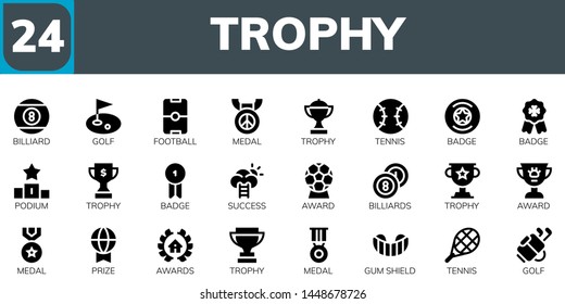 trophy icon set. 24 filled trophy icons.  Collection Of - Billiard, Golf, Football, Medal, Trophy, Tennis, Badge, Podium, Success, Award, Billiards, Prize, Awards, Gum shield