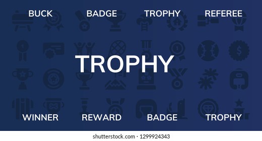  trophy icon set. 32 filled trophy icons. on blue background style Simple modern icons about  - Buck, Badge, Trophy, Referee, Winner, Reward, Medal, Success, Tennis, Achievement