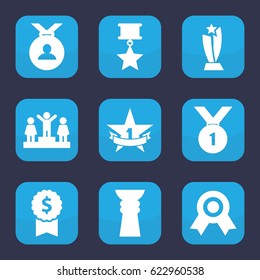 Trophy icon. set of 9 filled trophy icons such as ranking, medal, 1st place star, trophy, number 1 medal, medal with star