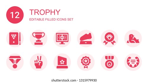 conjunto de iconos de trofeo. Colección de 12 íconos llenos de trofeos incluyendo Billiard, Trofeo, Fútbol, Ganador, Medalla, Victoria, Sello, Laurel