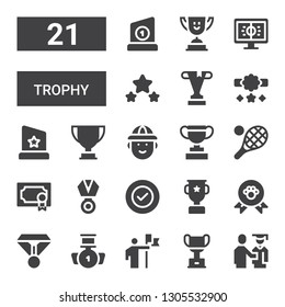 trophy icon set. Collection of 21 filled trophy icons included Proud, Trophy, Conquer, Medal, Winner, Success, Award, Tennis, Hunter, Reward, Football